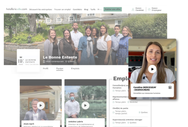 Visuel de la page d'accueil et d'une carte avec la video d'une employée